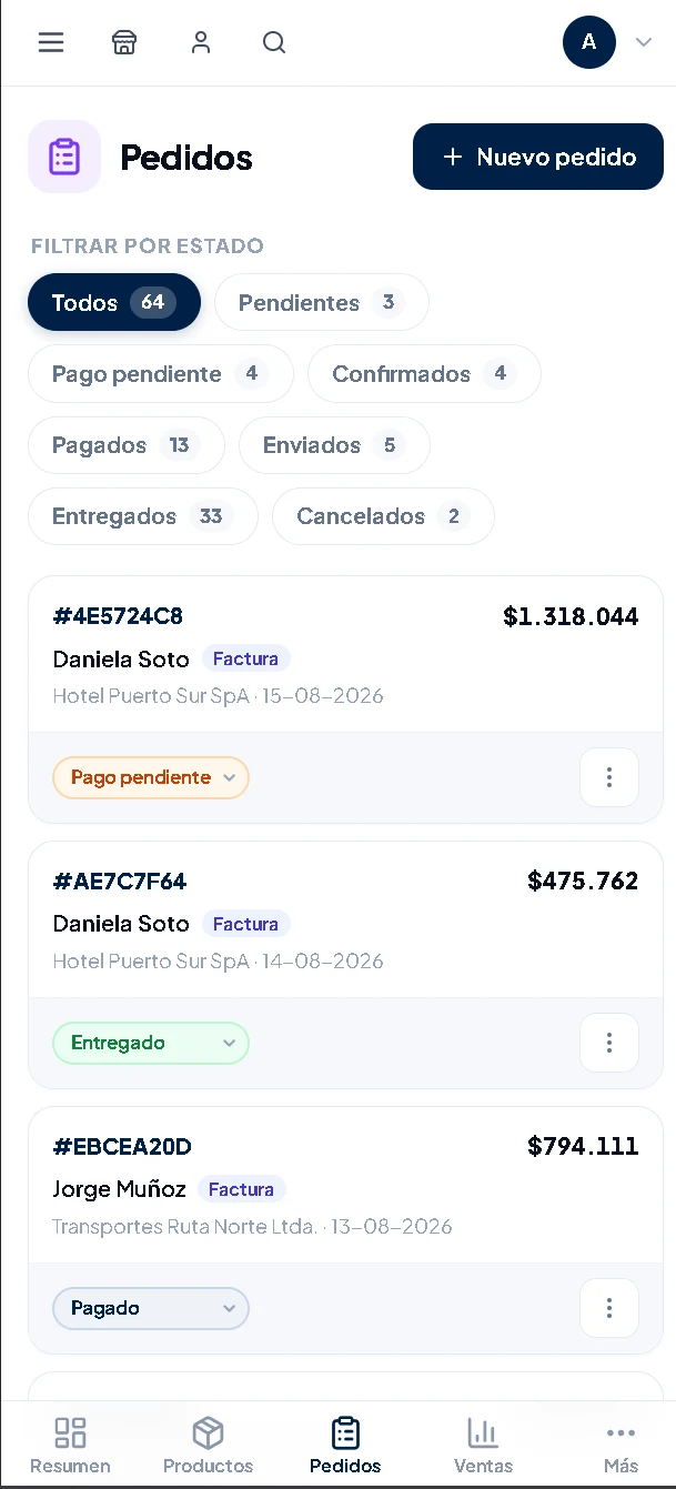 Panel de pedidos de CEPP Chile en el celular